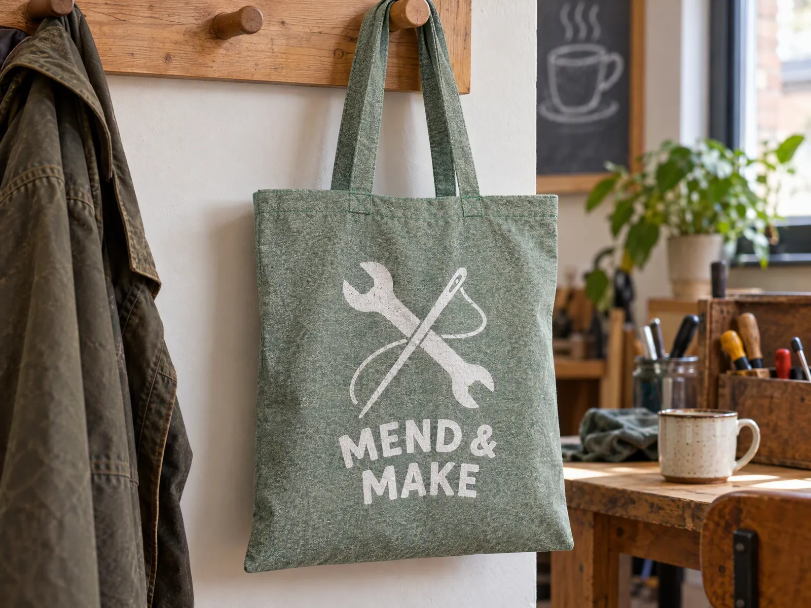 Green marl recycled cotton shopper printed with a repair café logo, hanging on a peg