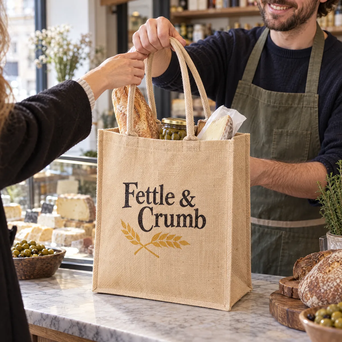 Natural jute shopping bag printed with a deli logo, packed with bread and cheese on a deli counter