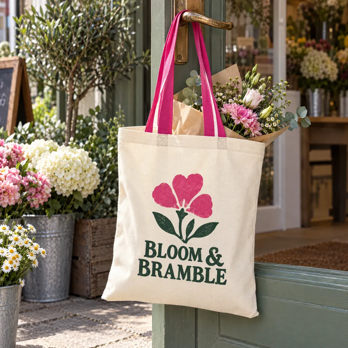 Natural cotton shopper with fuchsia handles, printed with a florist logo, hanging on a flower shop door