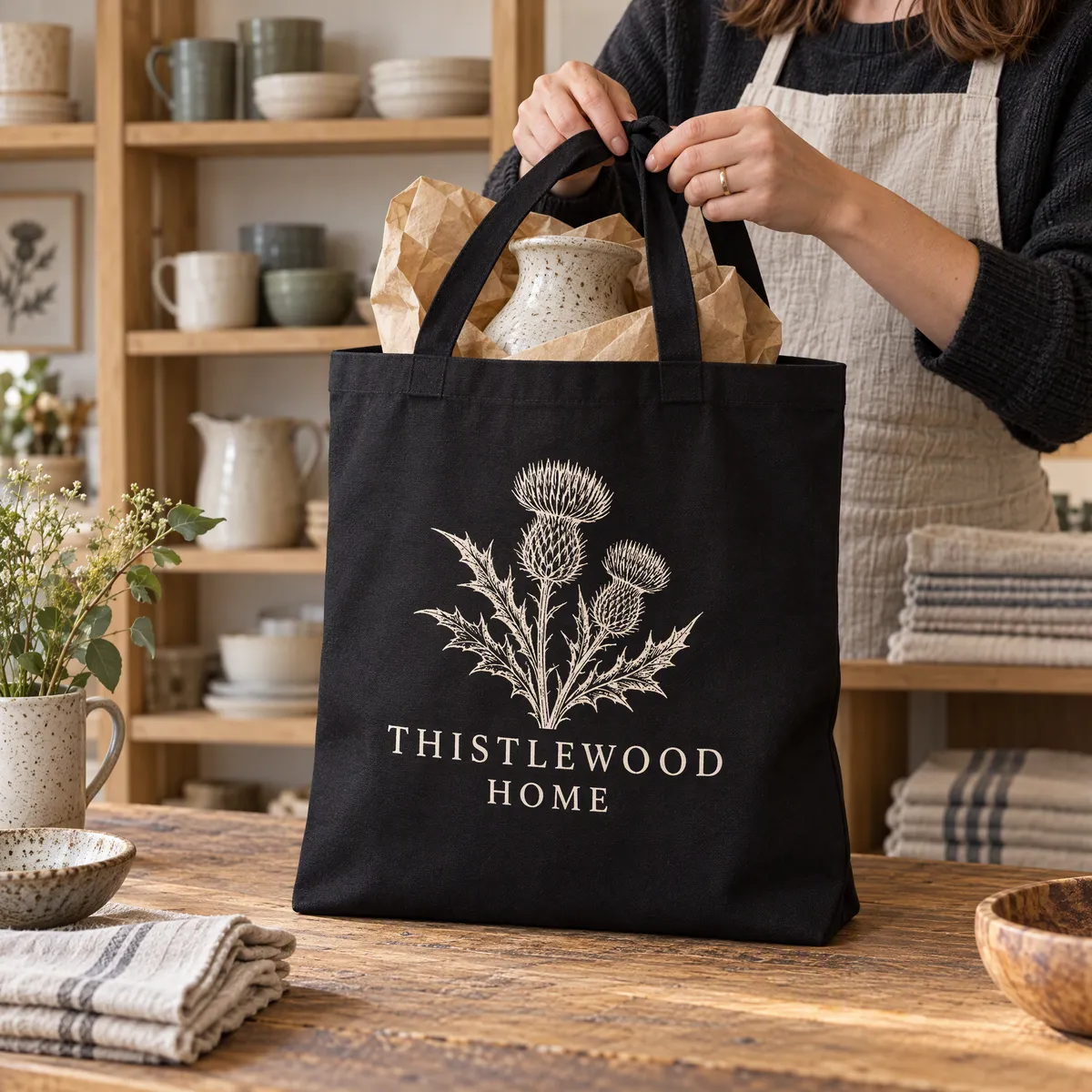 Black recycled canvas shopper printed with a homeware shop logo in white, on a shop counter