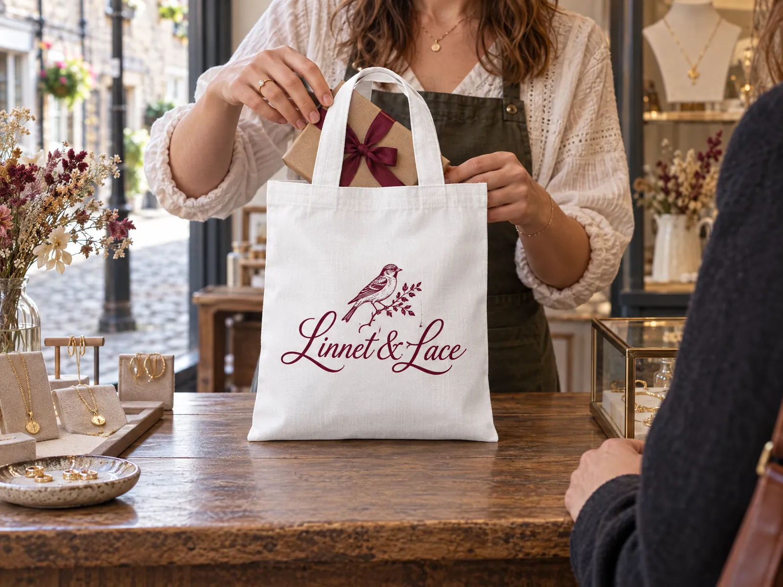 White mini cotton tote printed with a jewellery boutique logo, being packed at a shop counter