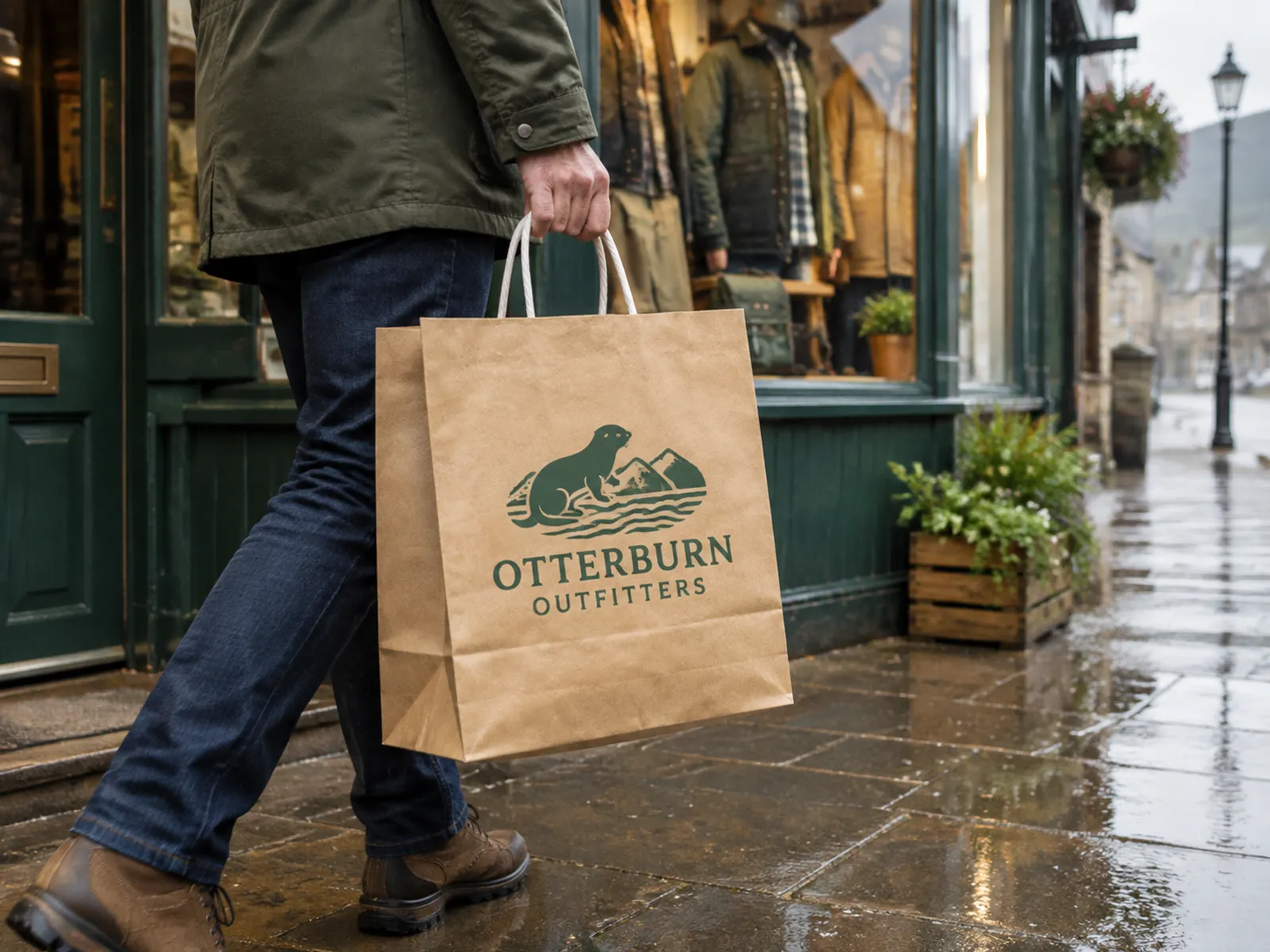 Brown kraft paper carrier bag with twisted handles, printed with an outdoor shop logo in green, carried out of a shop