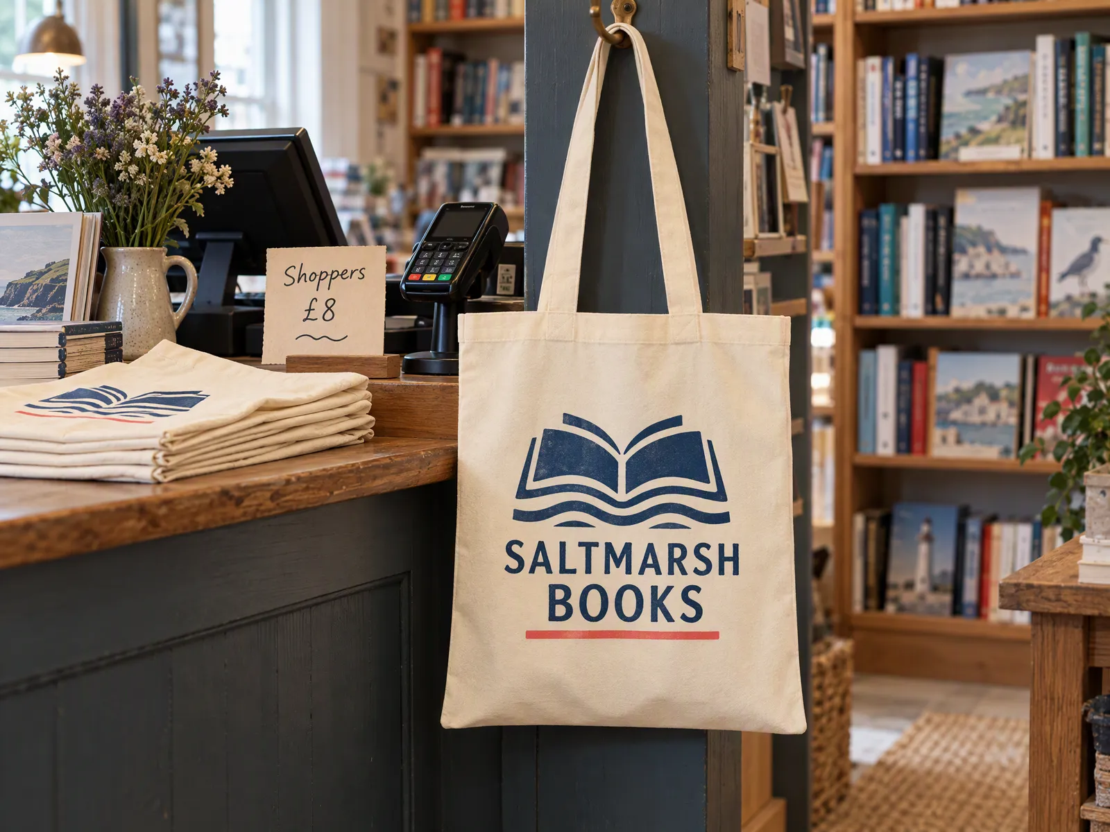 Natural recycled cotton shopper printed with a bookshop logo, hanging by the till for sale