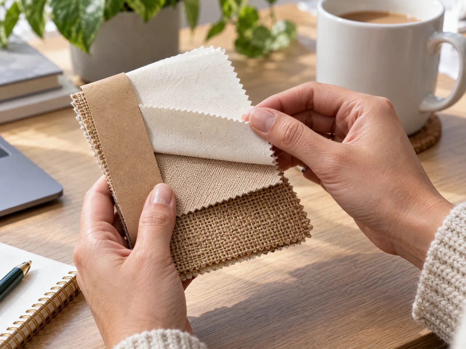 Hand flicking through a bundle of cotton, canvas and jute fabric swatches