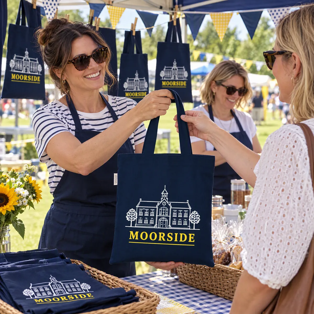 Navy tote bags printed with a school drawing, hanging on a PTA stall at a summer fair