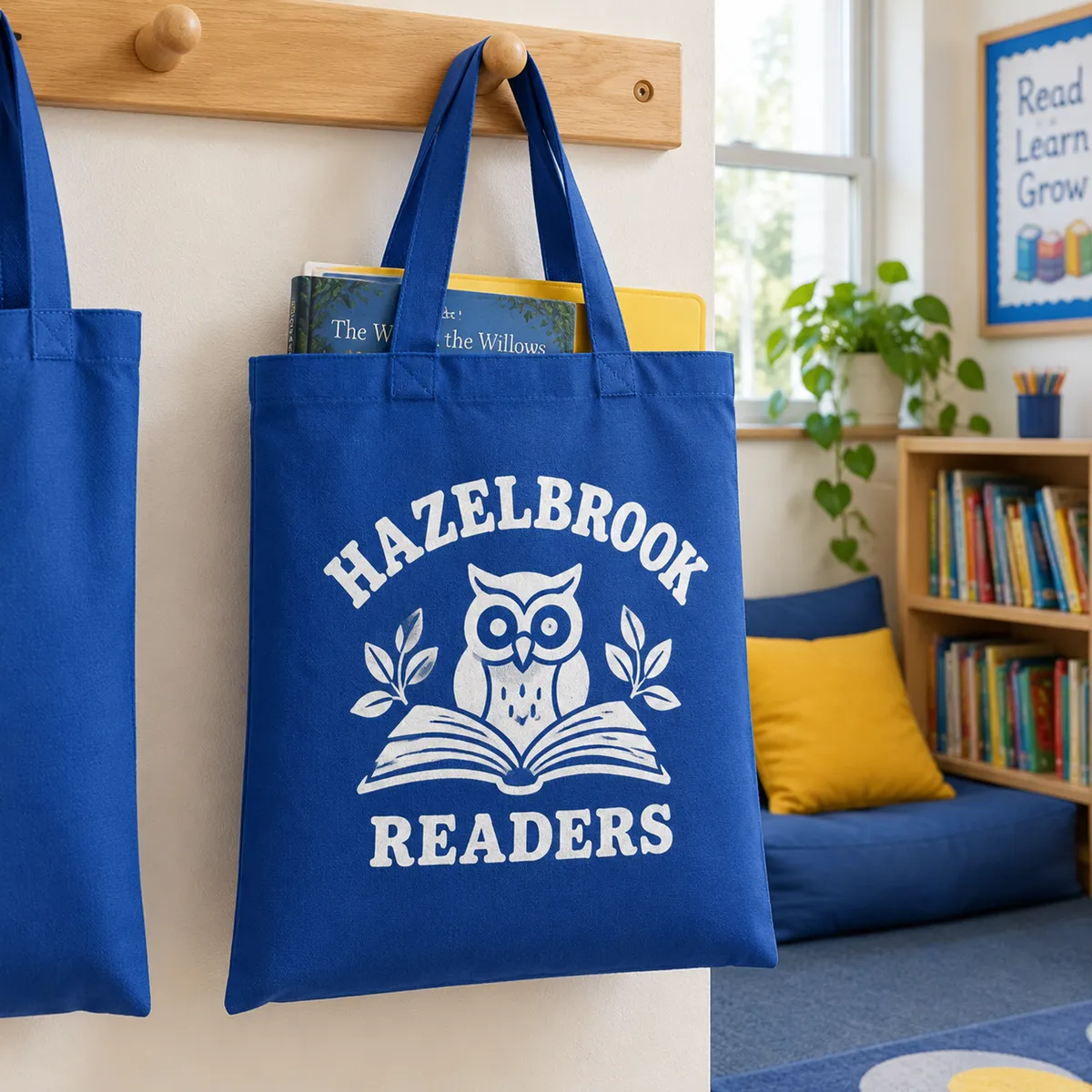 Royal blue cotton book bags printed with an owl and book design, hanging on classroom pegs