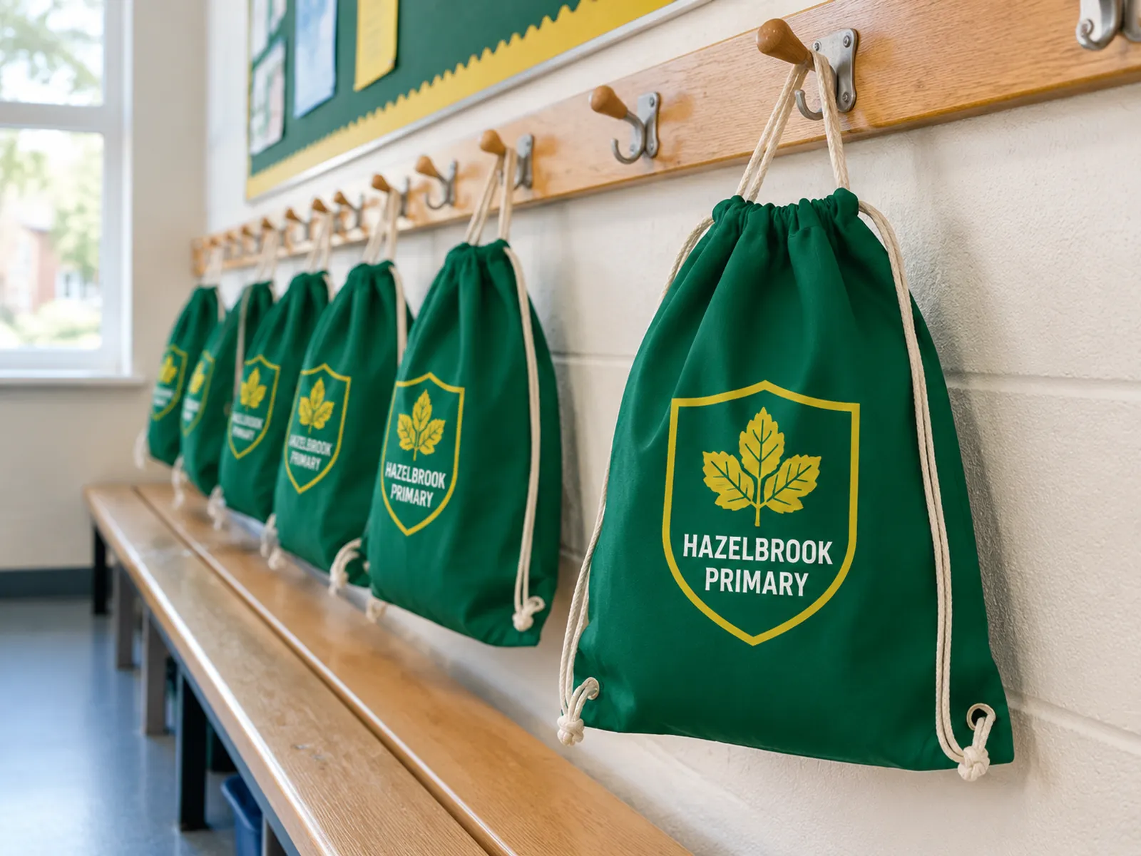 Row of bottle green drawstring PE bags printed with a school crest, hanging on cloakroom pegs