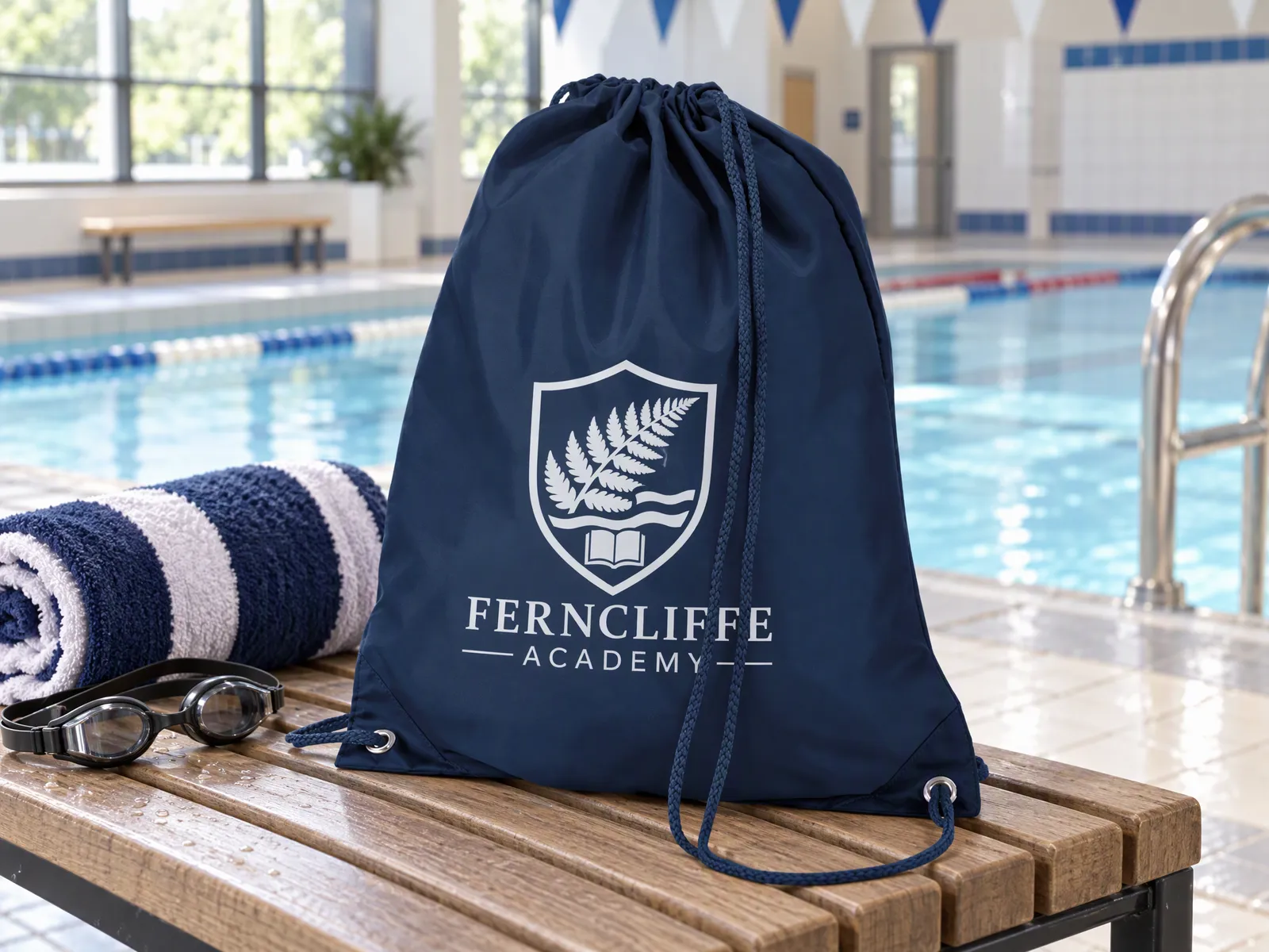Navy polyester drawstring bag printed with a school crest in white, on a poolside bench with a towel