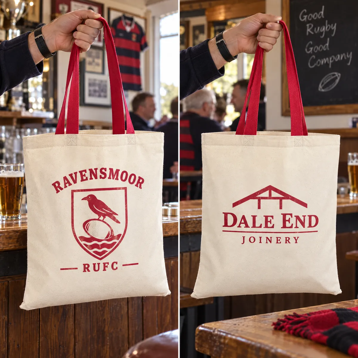 Natural cotton tote with red handles printed with a sponsor's logo on the back, held up in a rugby clubhouse