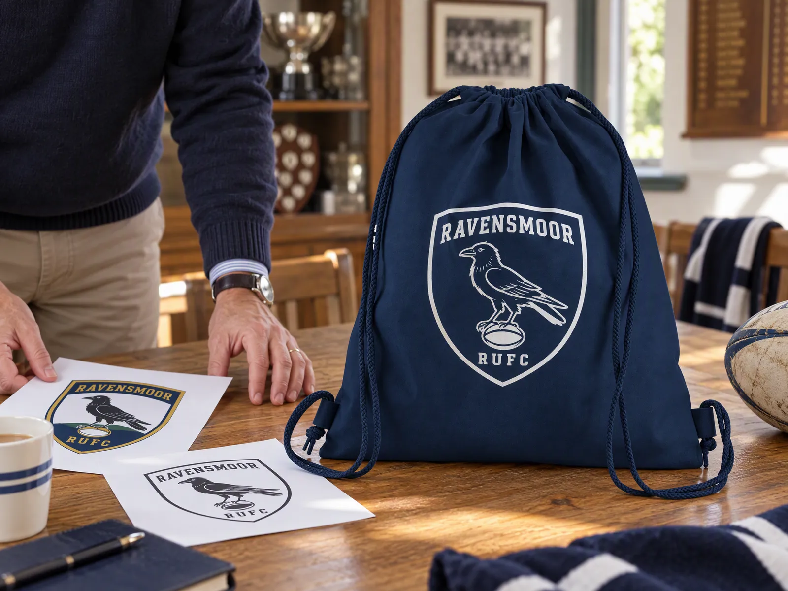 Navy drawstring bag printed with a one-colour Ravensmoor RUFC crest, beside the original full-colour crest