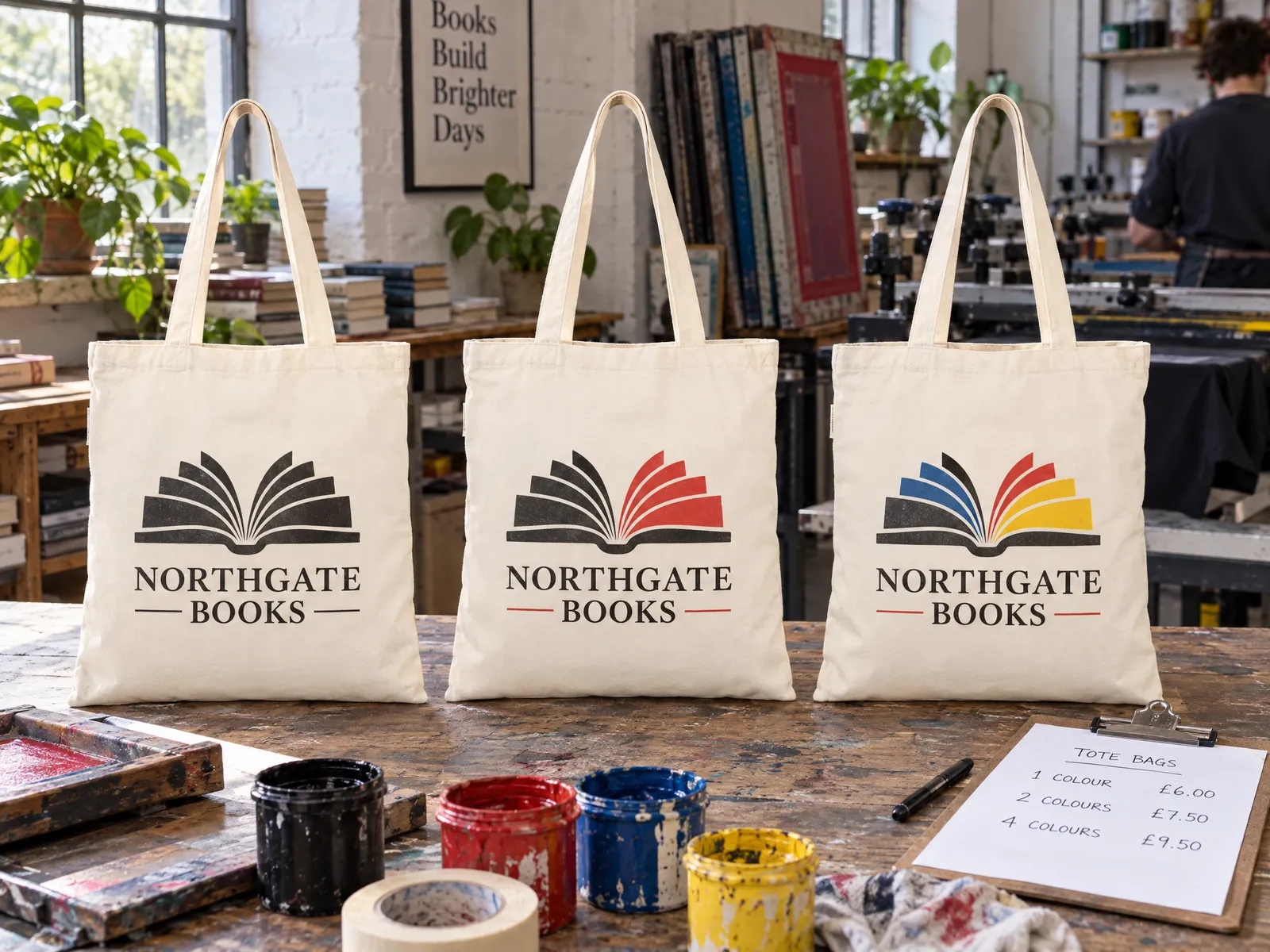 Three natural tote bags printed with the same Northgate Books logo in one, two and four colours on a workbench