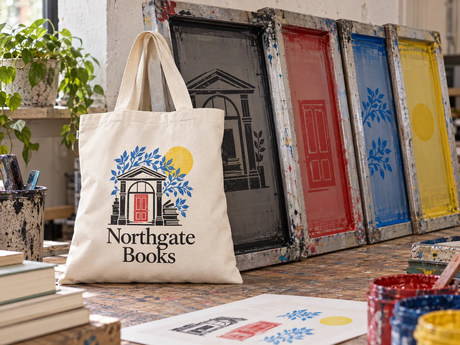 Four print screens against a wall, each carrying one colour of a bookshop logo
