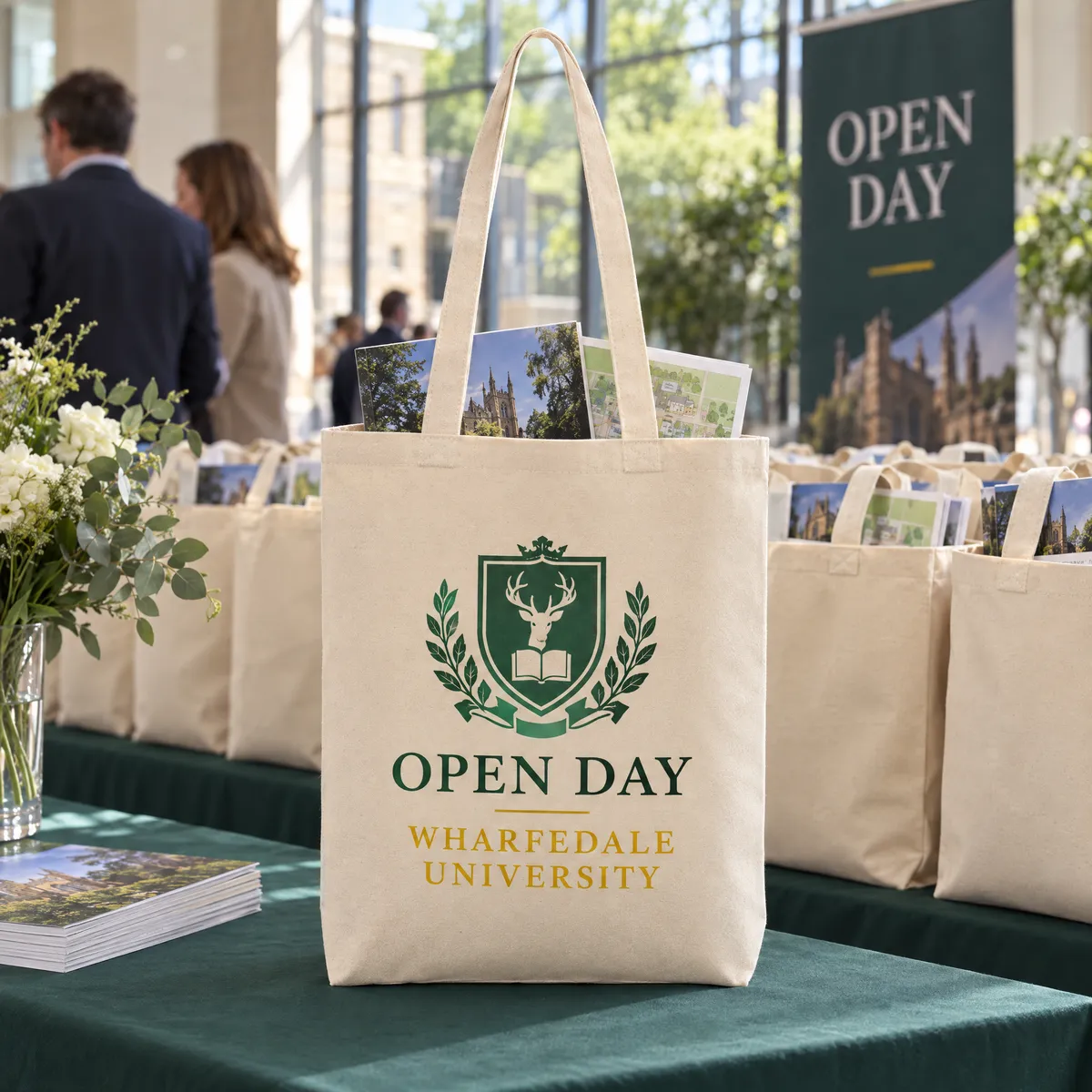 Natural recycled canvas totes holding prospectuses, set out on a university open day desk