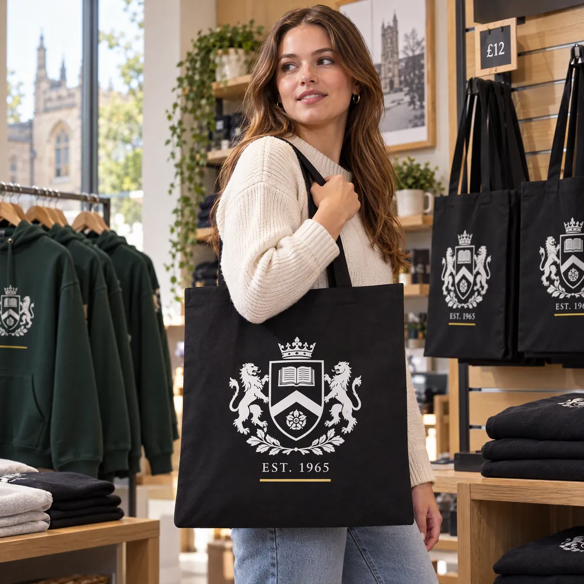 Black recycled canvas tote bags printed with a university crest, on display in a campus shop