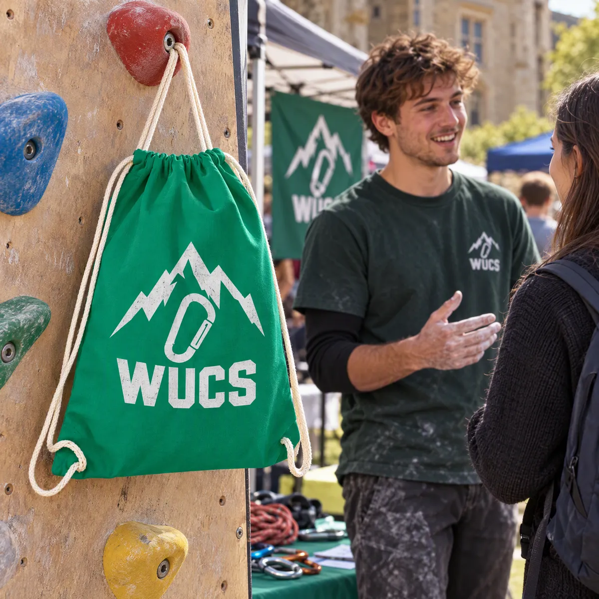 Kelly green cotton drawstring bag printed with a climbing society logo, at a freshers' fair stall