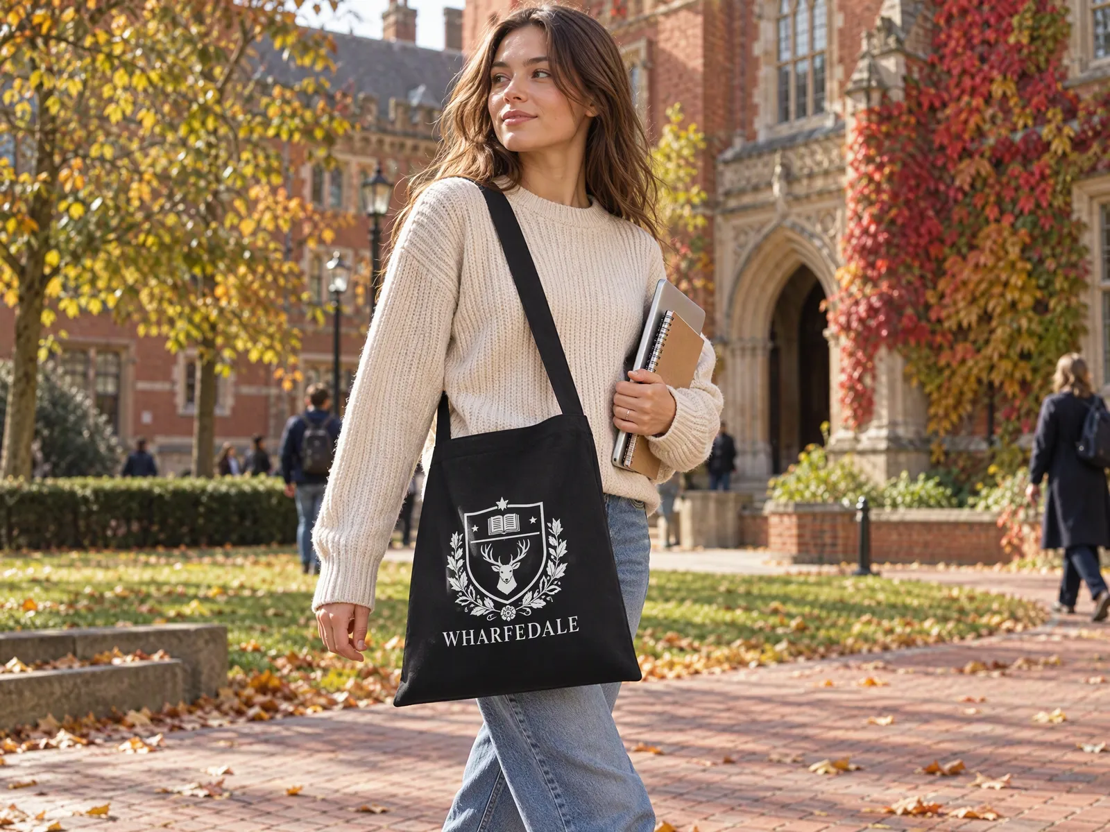 Student crossing a university quad with a black cotton sling bag printed with a white crest
