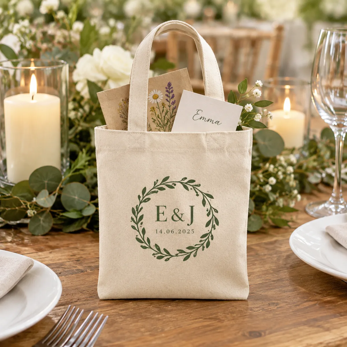Small natural cotton favour bags printed with a green monogram, set at each place on a wedding table