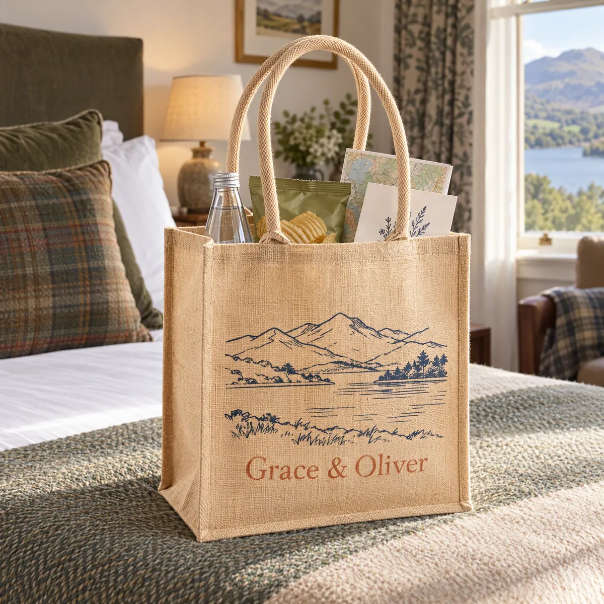 Jute wedding welcome bag printed with a drawing of fells and the couple's names, on a hotel bed