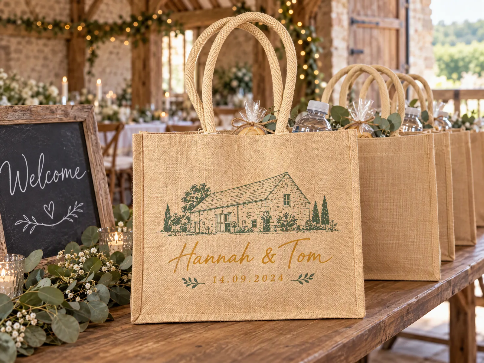 Jute wedding welcome bags printed with a barn drawing and the couple's names, lined up on a welcome table