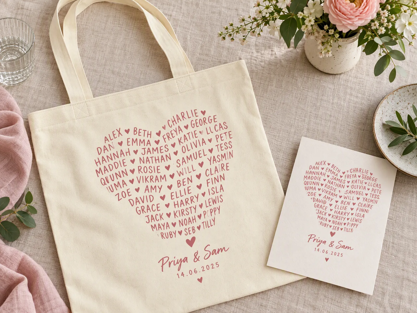 Natural cotton wedding tote printed with all the guests' names in the shape of a heart, beside a wedding invitation