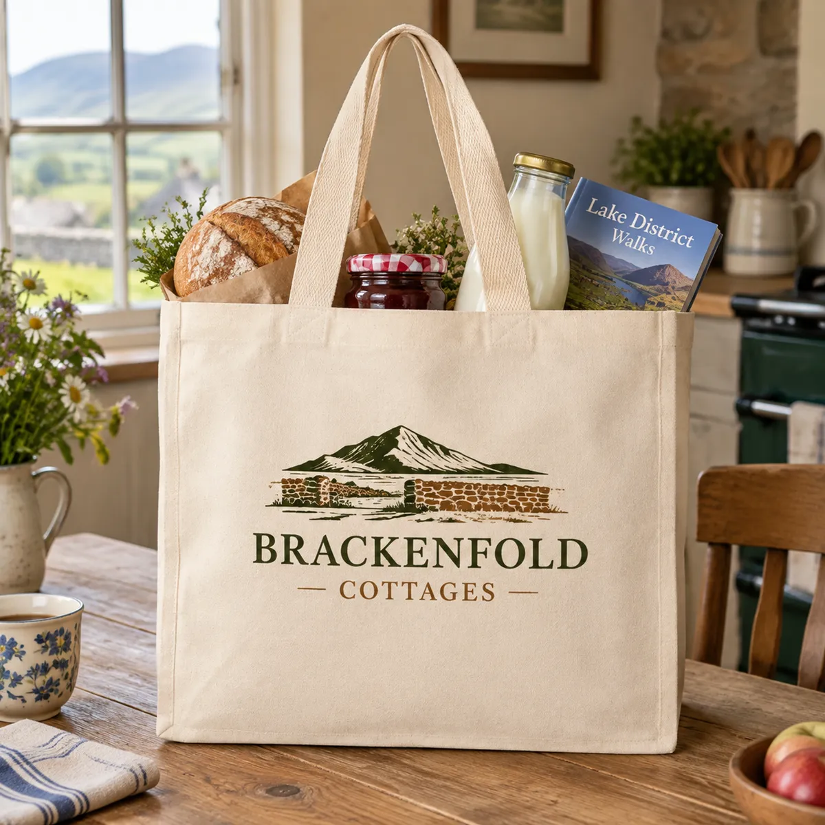 Large natural canvas tote printed with a Brackenfold Cottages logo, filled with a welcome hamper on a farmhouse table