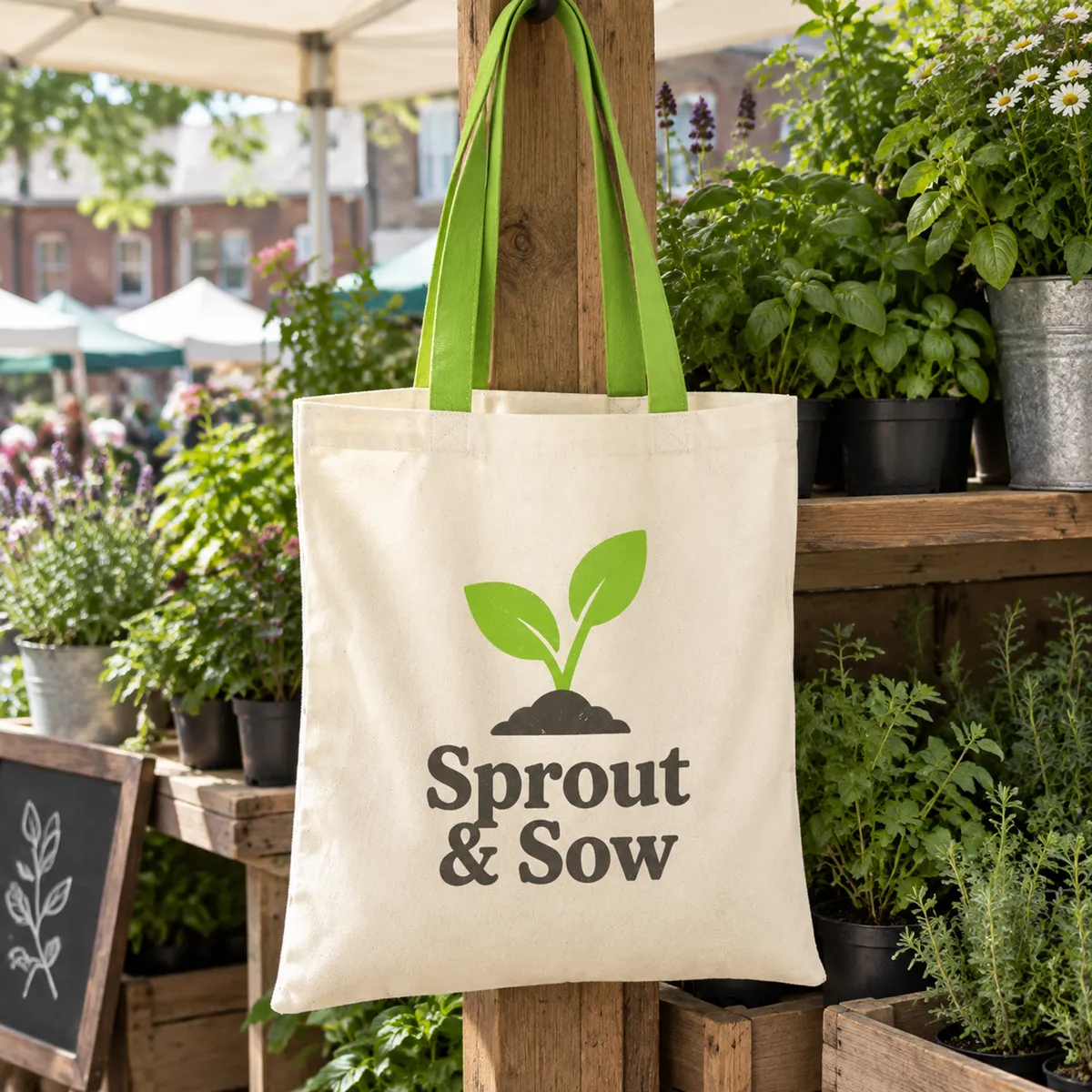 Natural cotton shopper with lime green handles, printed with a plant stall logo, hanging on a market stall