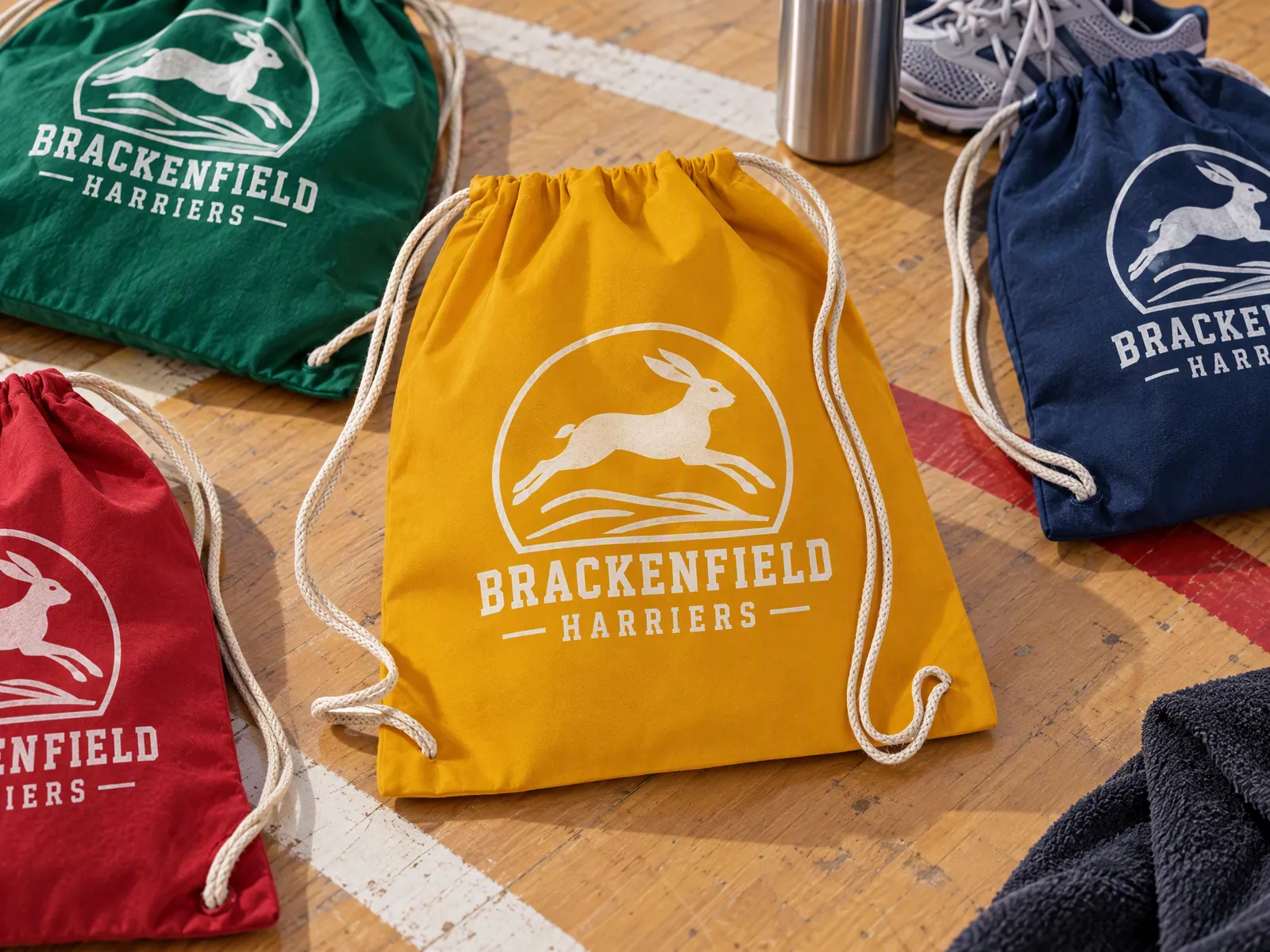 Cotton drawstring bags in several colours laid flat, each printed with the same white running club crest