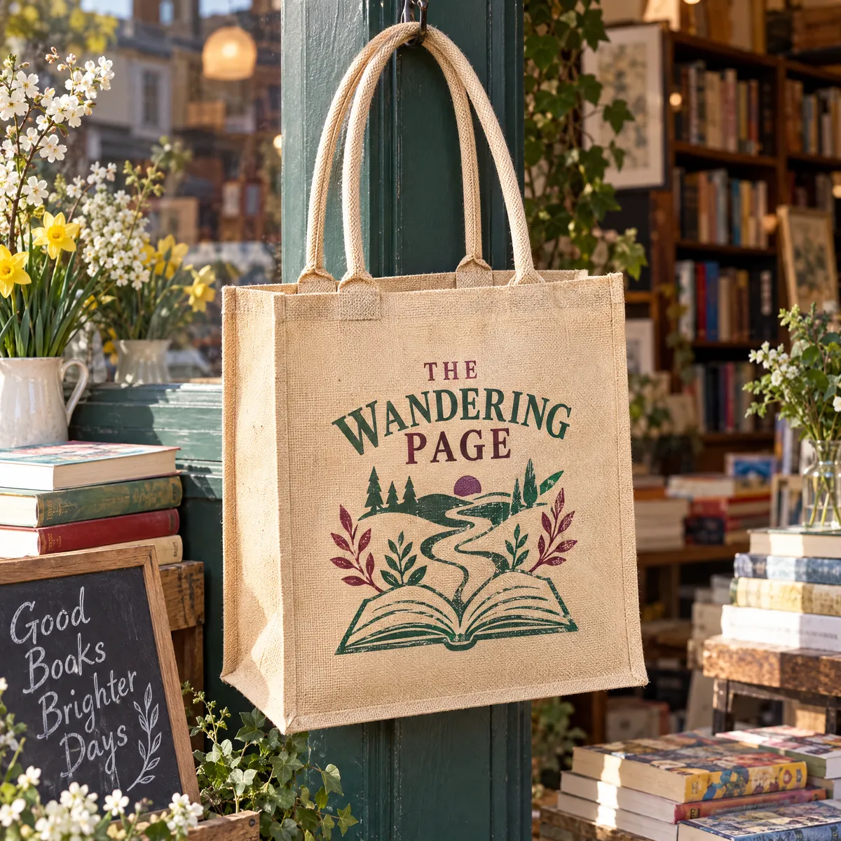 Jute bags printed with a Wandering Page bookshop logo, hanging in a bookshop window display