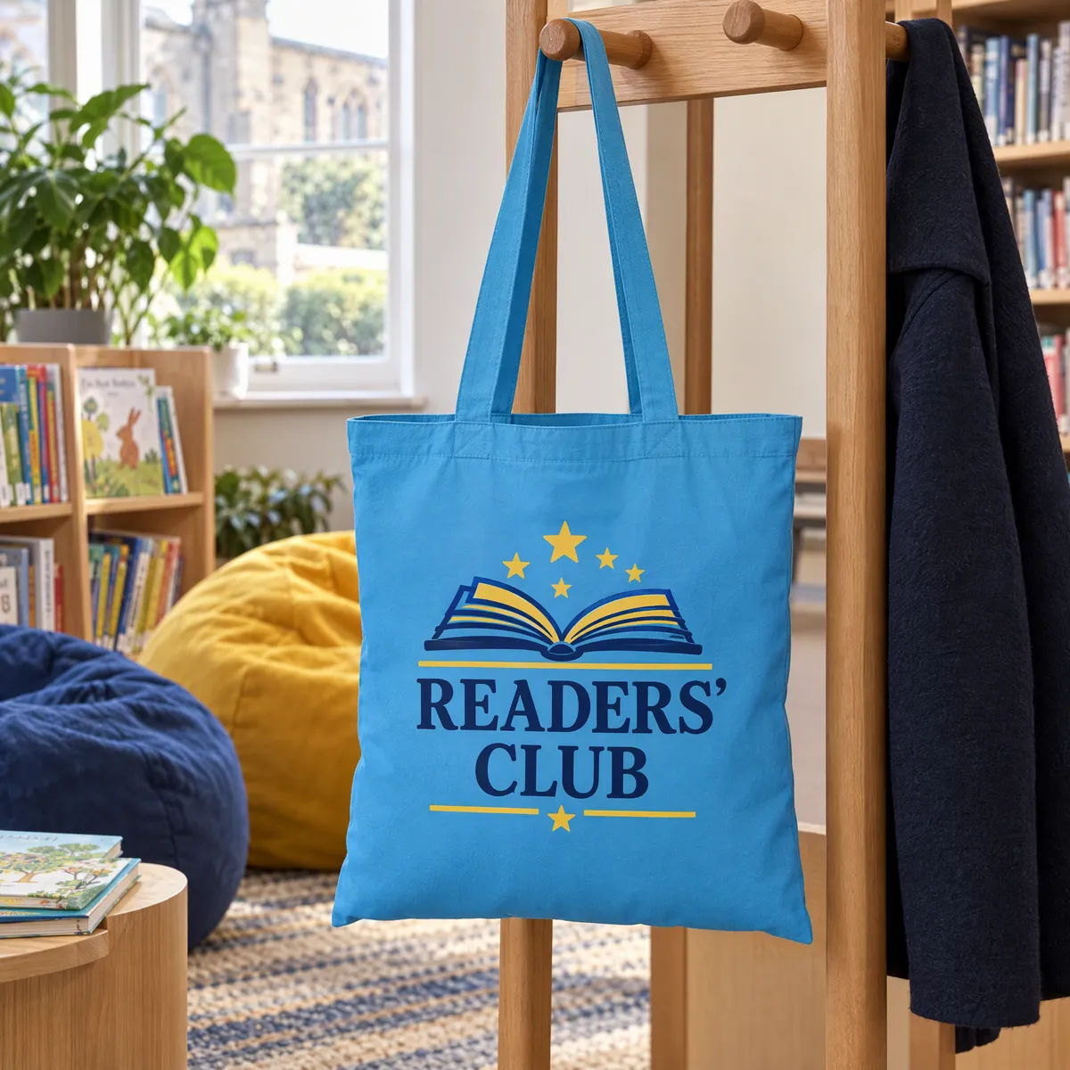 Light blue totes printed with a Readers' Club design, hanging on a coat rail in a library reading corner