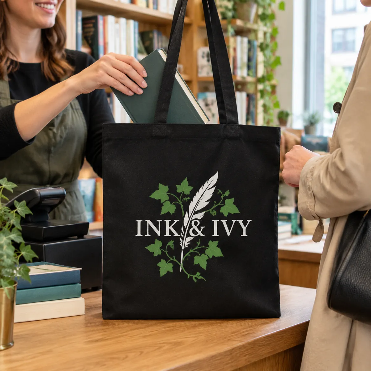 Black recycled canvas shopper printed with an Ink & Ivy Books logo, with a hardback slipped inside at a till