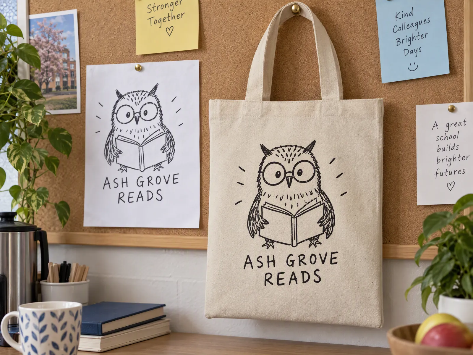 Natural mini cotton shopper printed with a hand-drawn owl reading a book, pinned beside the original drawing